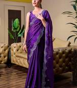 violet embellished embroidered poly chiffon saree