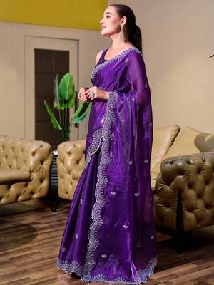 violet embellished embroidered poly chiffon saree 3