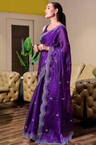 violet embellished embroidered poly chiffon saree