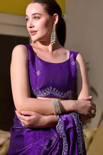 violet embellished embroidered poly chiffon saree