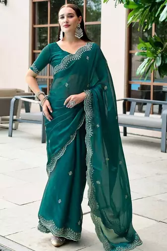 teal woven design poly chiffon saree