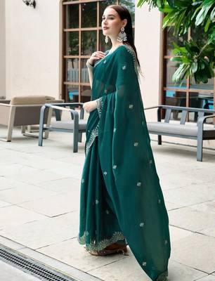 teal woven design poly chiffon saree 2