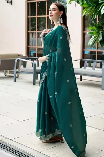teal woven design poly chiffon saree