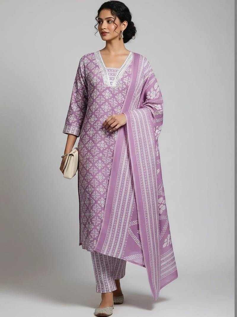 workwear women printed kurta with trousers with dupatta