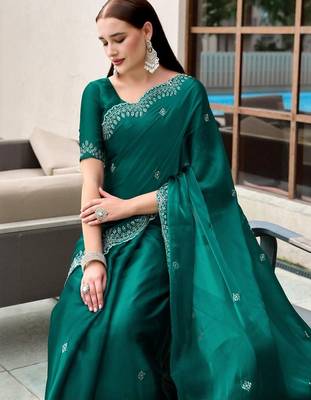 teal woven design poly chiffon saree 4