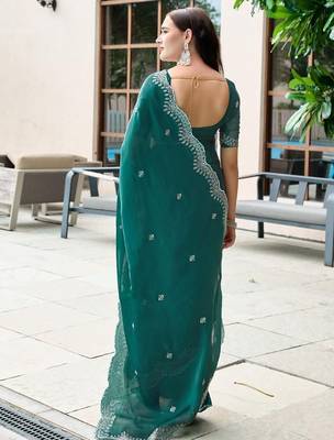 teal woven design poly chiffon saree 5
