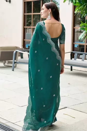 teal woven design poly chiffon saree