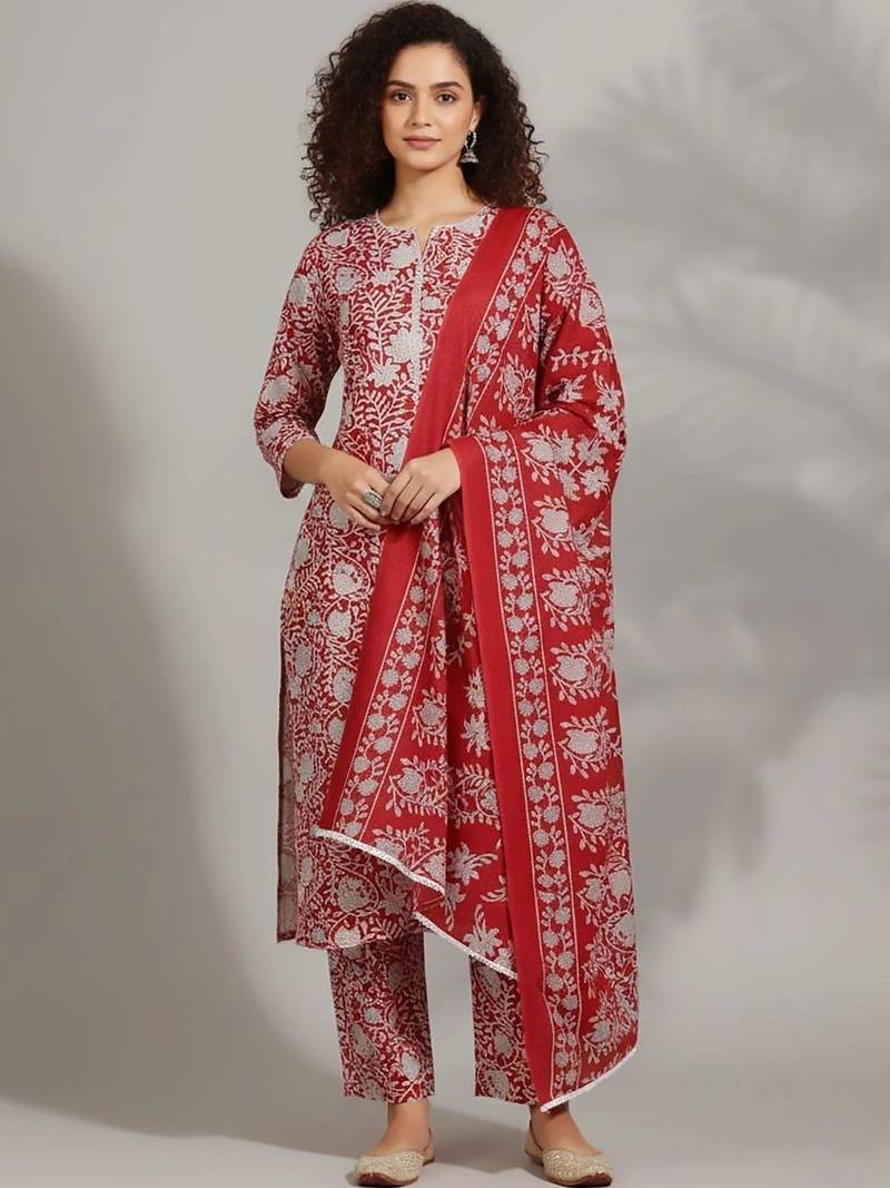 tailored women printed kurta with trousers with dupatta