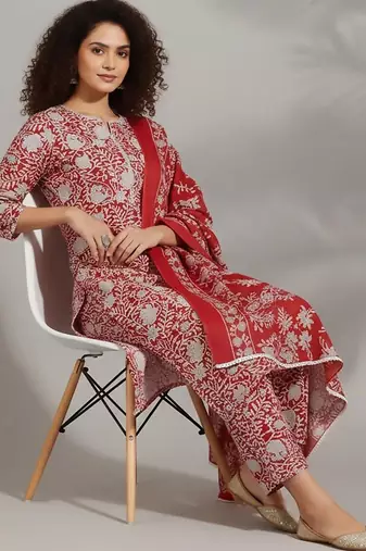 tailored women printed kurta with trousers with dupatta