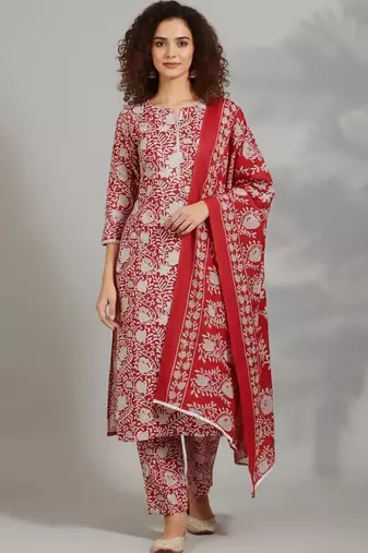 tailored women printed kurta with trousers with dupatta