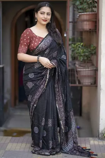 black ajrak printed block zari chanderi saree