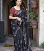 black ajrak printed block zari chanderi saree