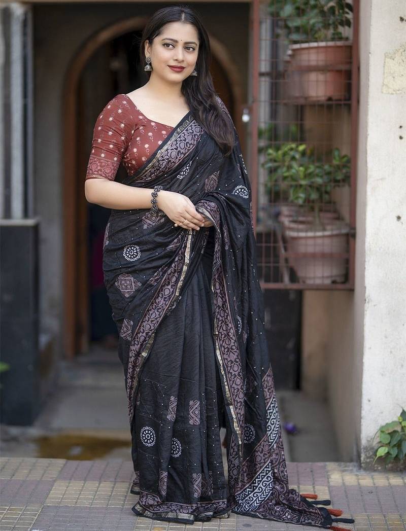 black ajrak printed block zari chanderi saree
