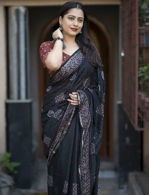 black ajrak printed block zari chanderi saree 2