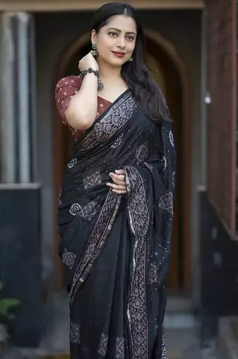 black ajrak printed block zari chanderi saree