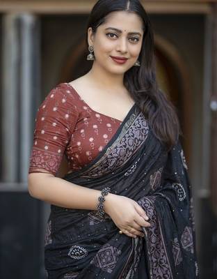 black ajrak printed block zari chanderi saree 3