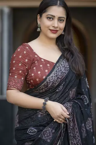 black ajrak printed block zari chanderi saree