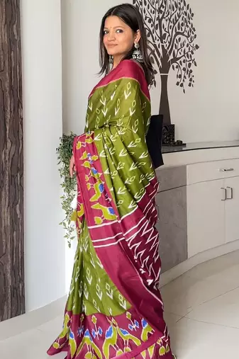 green abstract printed ikat saree