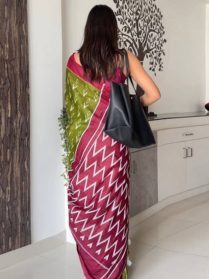 green abstract printed ikat saree