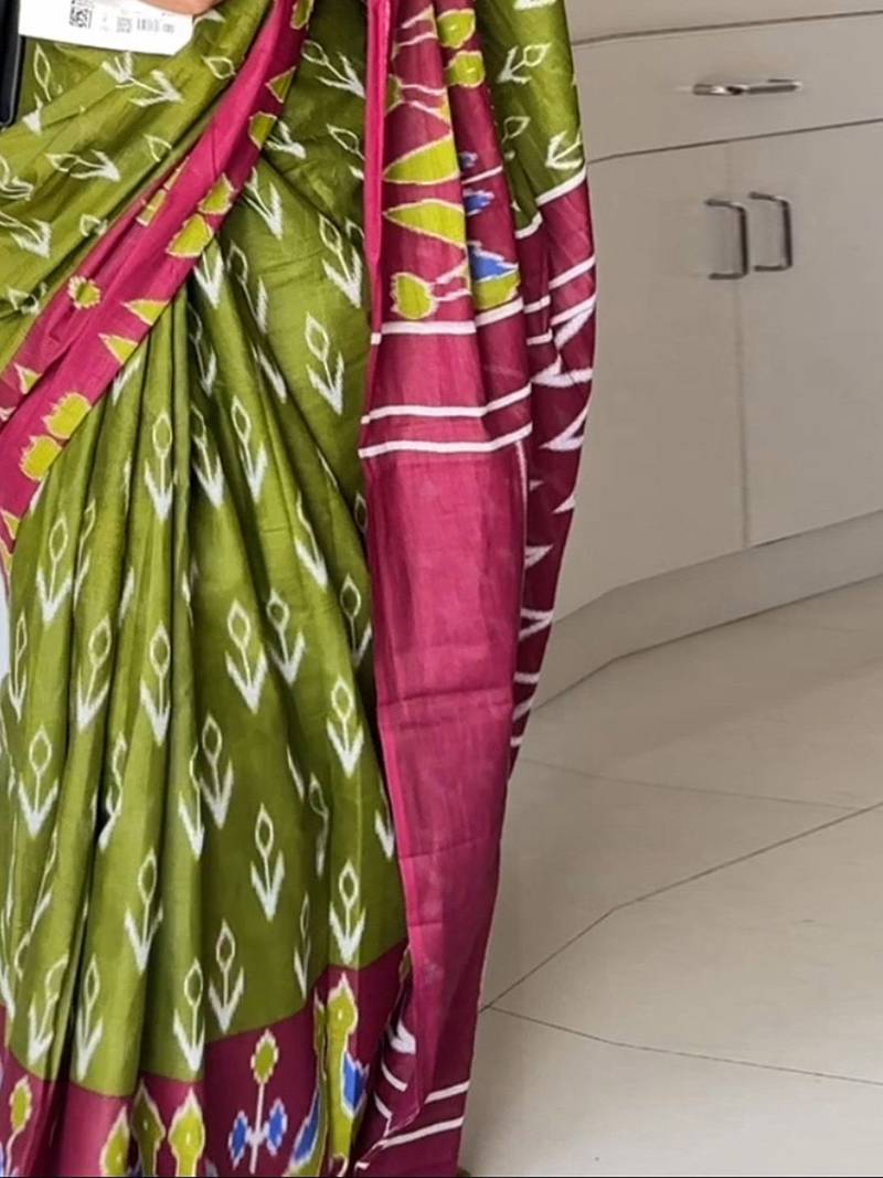 green abstract printed ikat saree