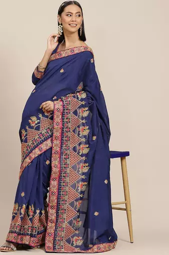 blue floral embroidered saree