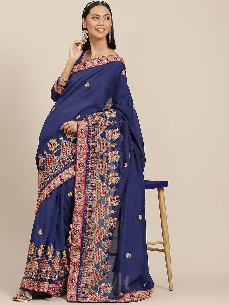 blue floral embroidered saree