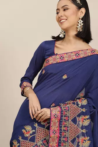 blue floral embroidered saree