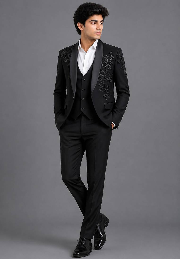 Black embroidered three-piece tuxedo set