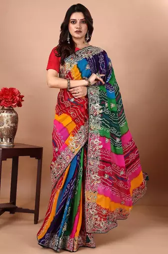 green embroidered bandhani saree