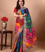 green embroidered bandhani saree