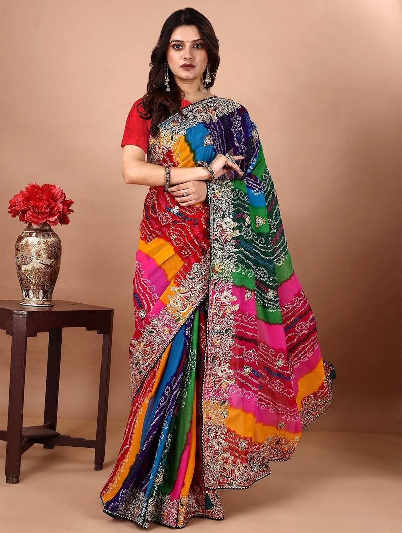 green embroidered bandhani saree