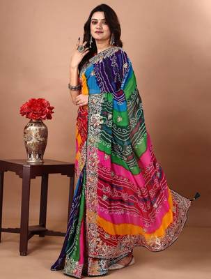 green embroidered bandhani saree 2