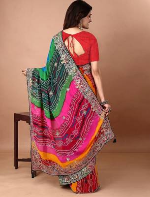 green embroidered bandhani saree 3