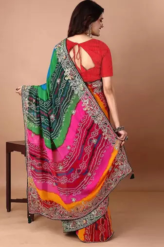 green embroidered bandhani saree