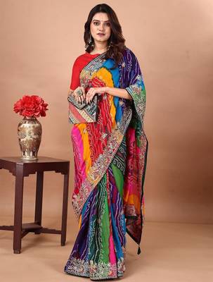 green embroidered bandhani saree 4