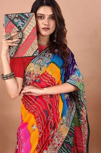 green embroidered bandhani saree