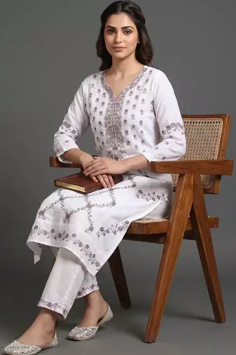 workwear women embroidered kurta with trousers with dupatta