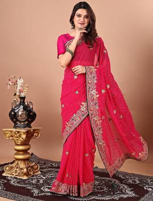 pink bandhani embroidered bandhani saree 1