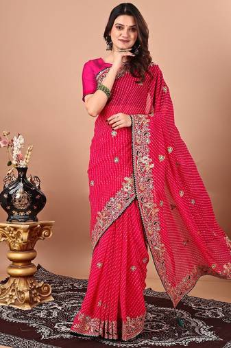 pink bandhani embroidered bandhani saree