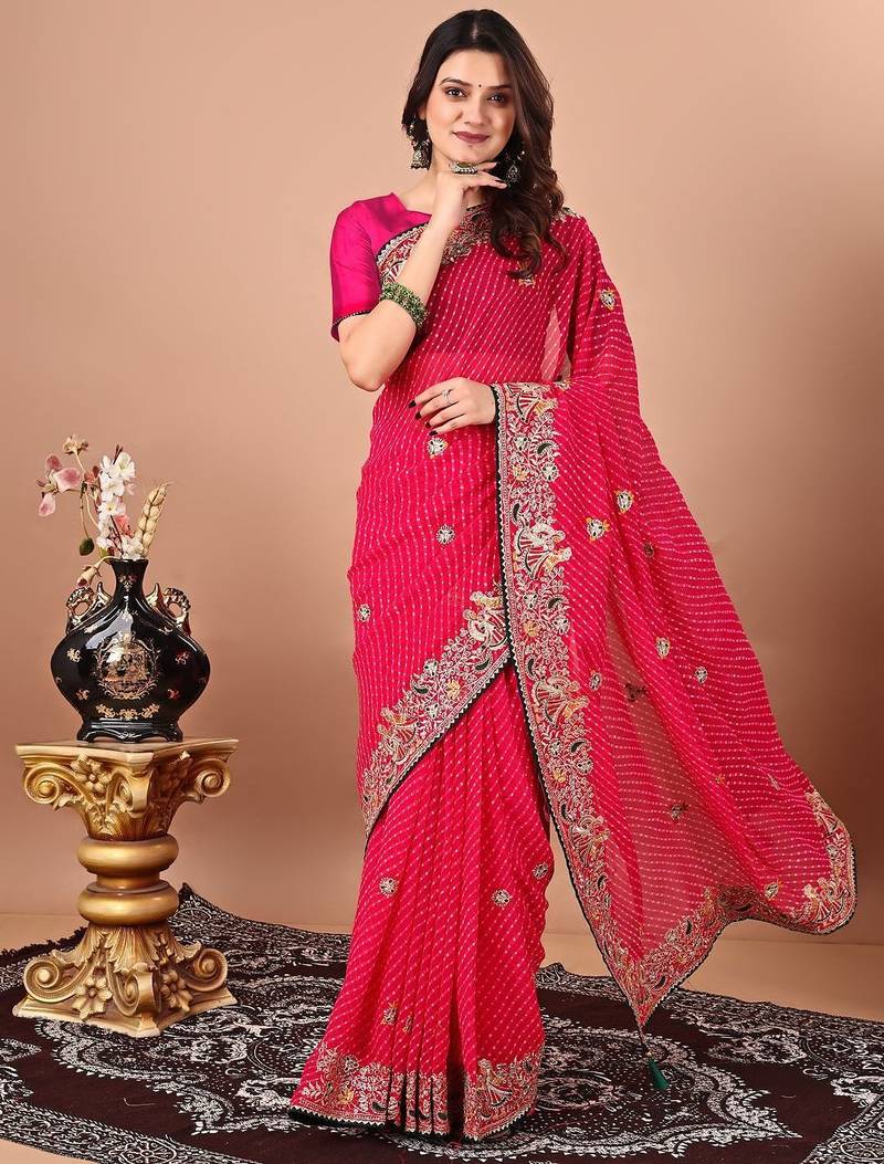 pink bandhani embroidered bandhani saree