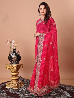 pink bandhani embroidered bandhani saree 2