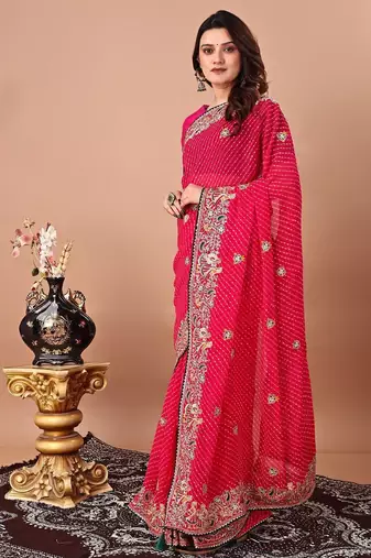 pink bandhani embroidered bandhani saree