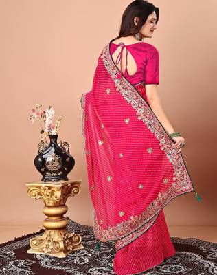 pink bandhani embroidered bandhani saree 3