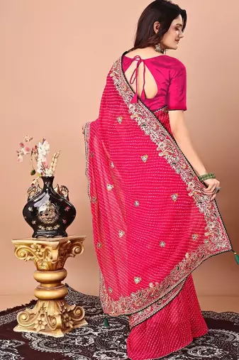 pink bandhani embroidered bandhani saree