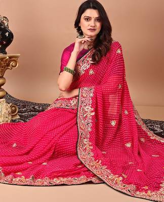 pink bandhani embroidered bandhani saree 4