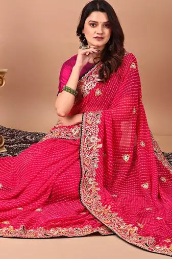 pink bandhani embroidered bandhani saree
