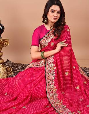 pink bandhani embroidered bandhani saree 5