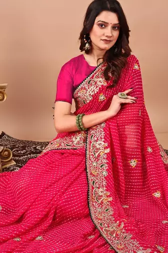pink bandhani embroidered bandhani saree