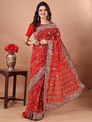 red embroidered bandhani saree 1