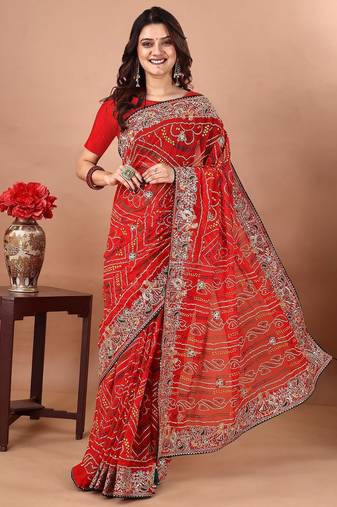 red embroidered bandhani saree